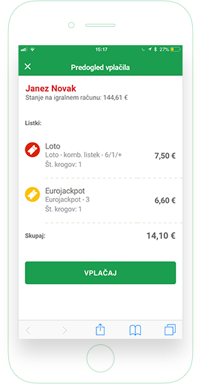 Zaslon mobilne aplikacije predogled vplačila