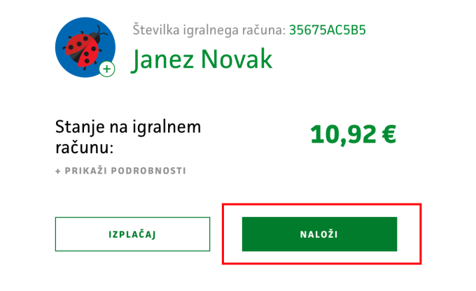 Prikaz izbire naloži sredstva v profilu igralca.