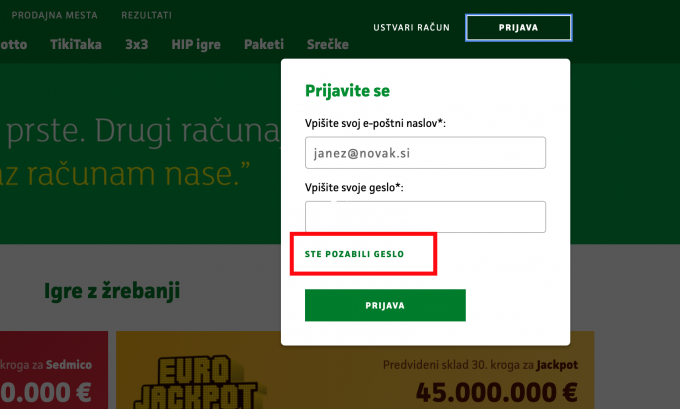 Prijavni obrazec za dostop do profila igralca