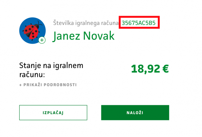 prikaz stanja na igralnem računu v profilu igralca