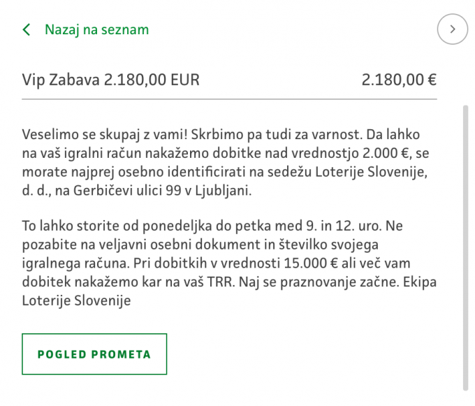 prikaz obvestila o dobitku nad 2.000 €