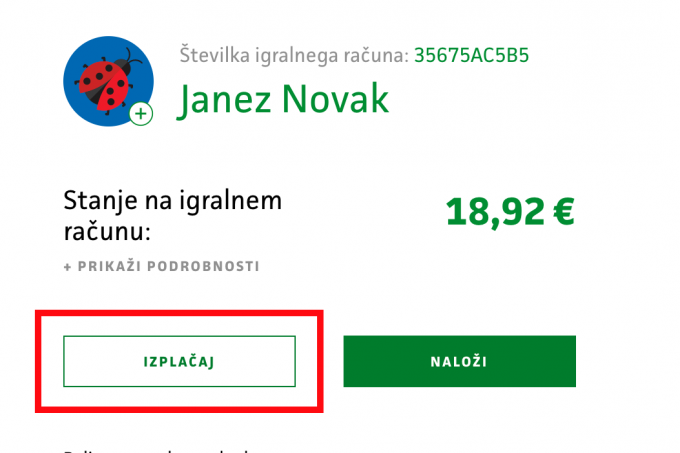 prikaz stanja na igralnem računu v profilu igralca