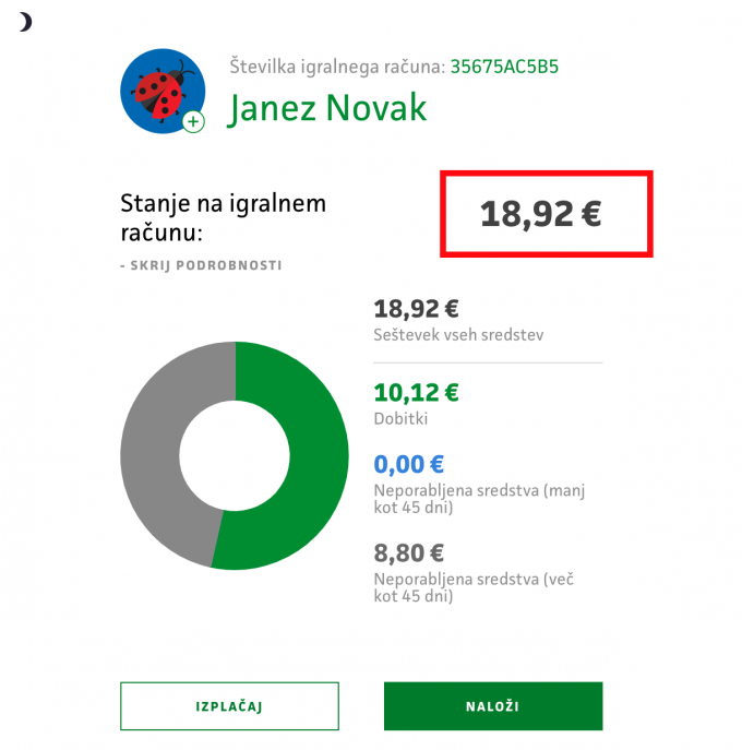 prikaz stanja na igralnem računu v profilu igralca